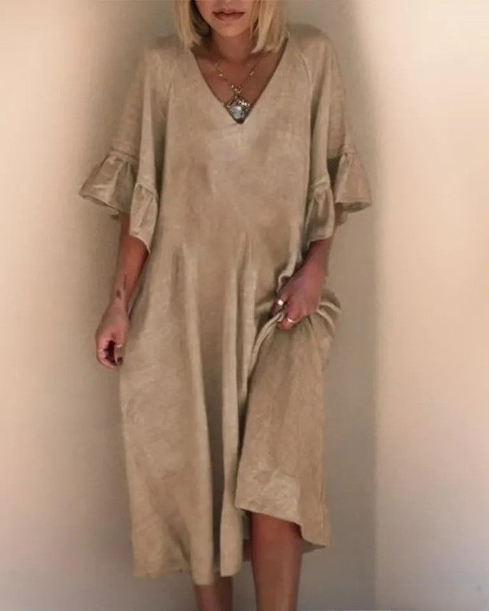 LM | Elegant plain-colored dress with V-neck and loose seams