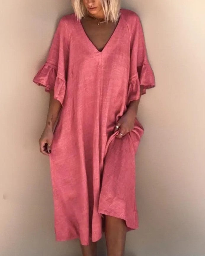 LM | Elegant plain-colored dress with V-neck and loose seams