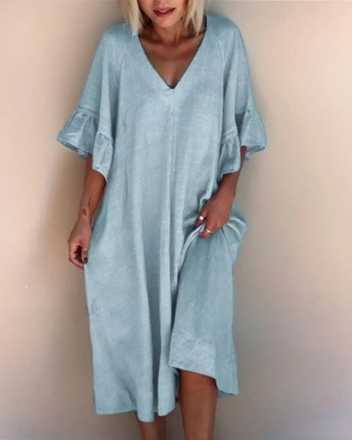 LM | Elegant plain-colored dress with V-neck and loose seams