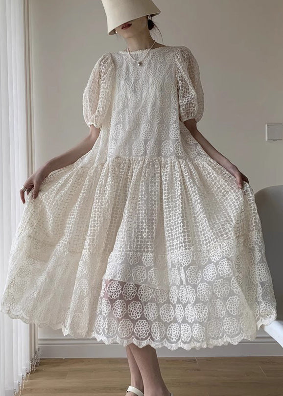 LM | long patchwork lace dress with ruffles and puff sleeves