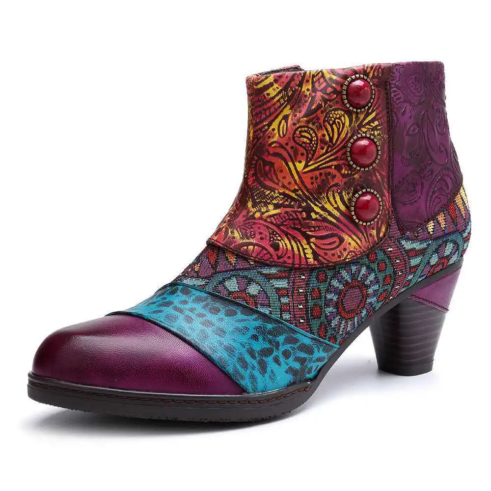 Comemore Retro Women's Autumn Ankle Boots Pattern Pu Leather Gorgeous High Heeled Medium Heel Zipper Women Boot Elegant Shoes 43