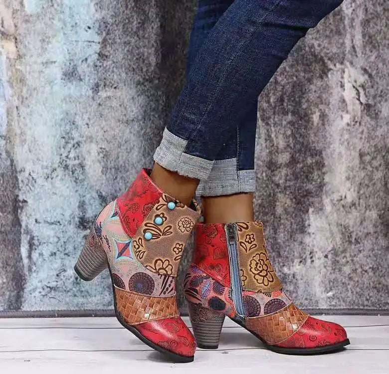Comemore Retro Women's Autumn Ankle Boots Pattern Pu Leather Gorgeous High Heeled Medium Heel Zipper Women Boot Elegant Shoes 43