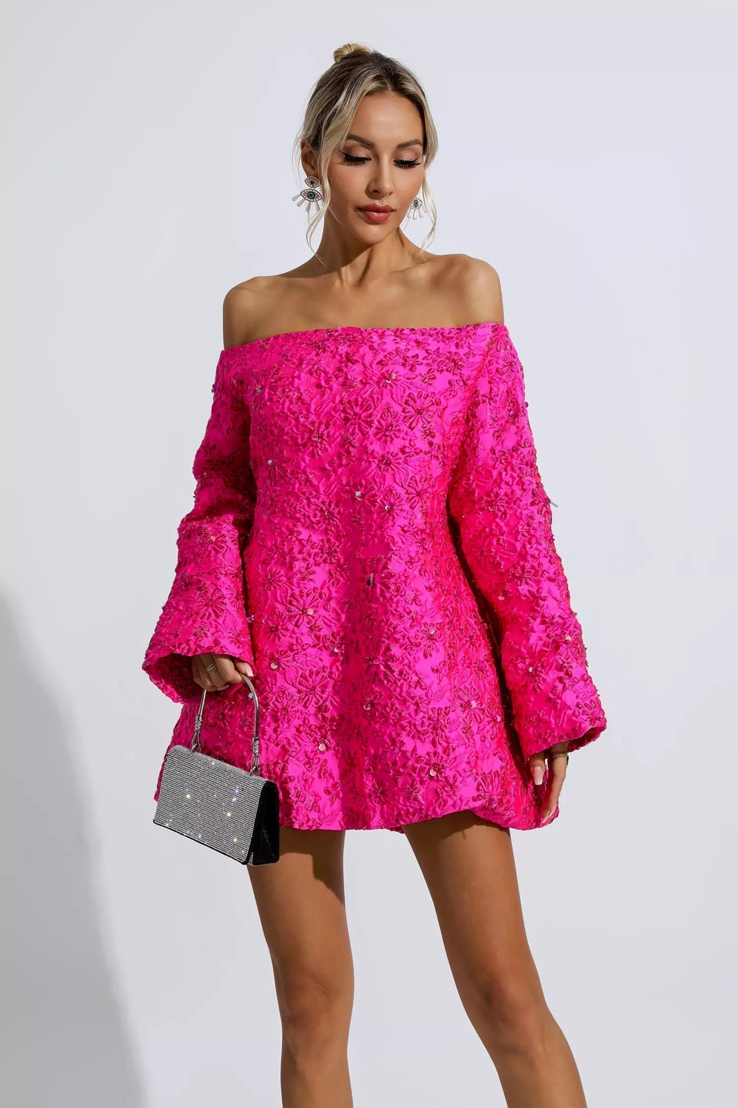 LM | Off-shoulder dress with floral pattern pink