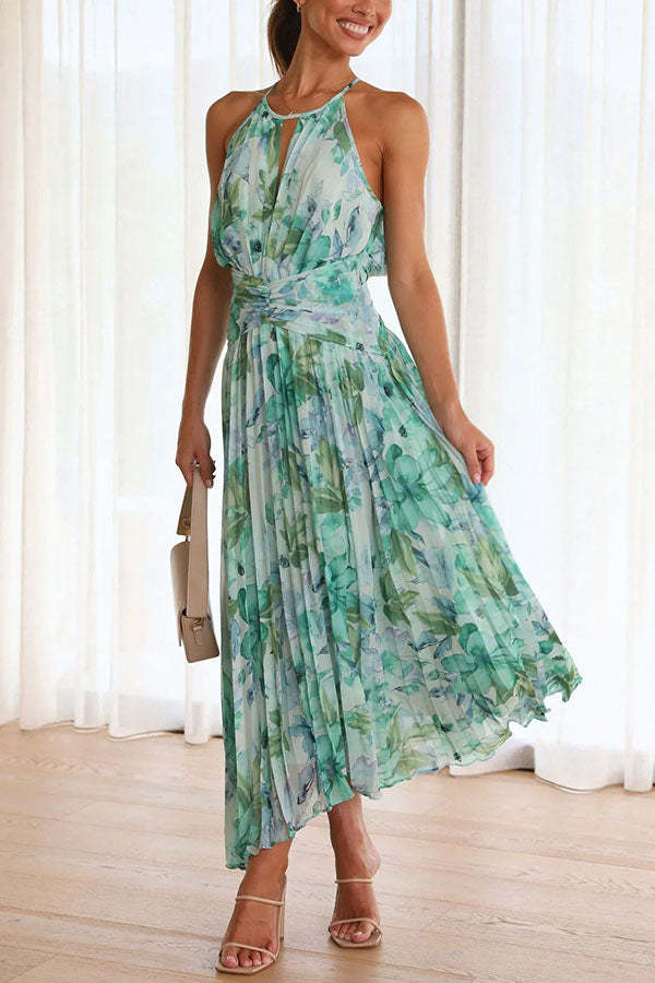LM | Pleated midi dress with neckline and flowers