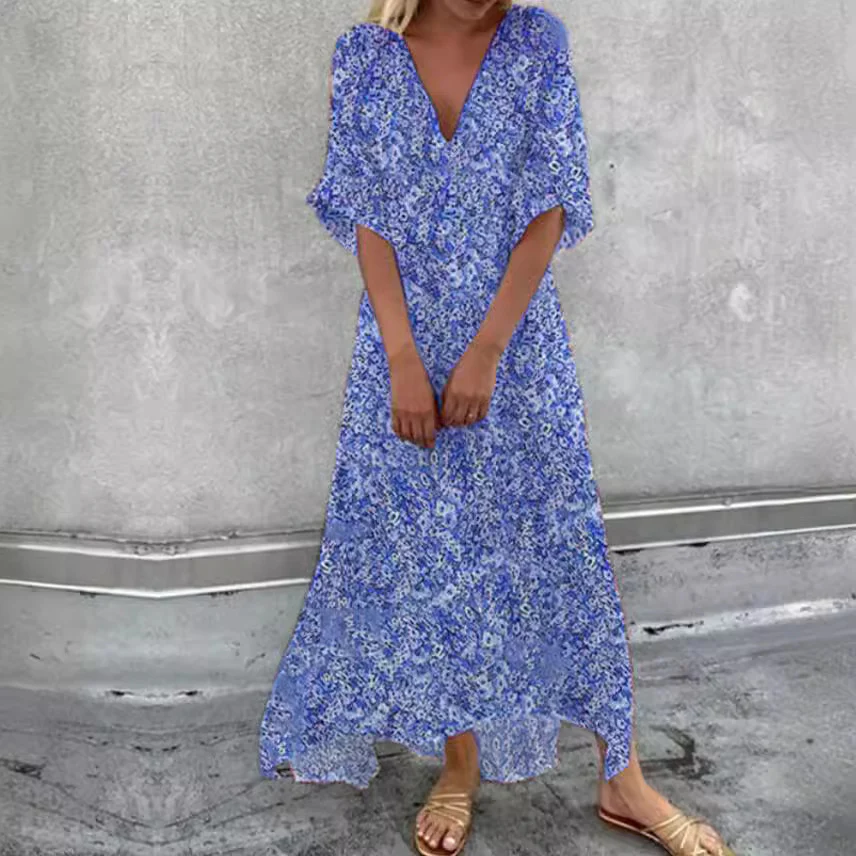 LM | Cotton dress with half sleeves and V-neckline