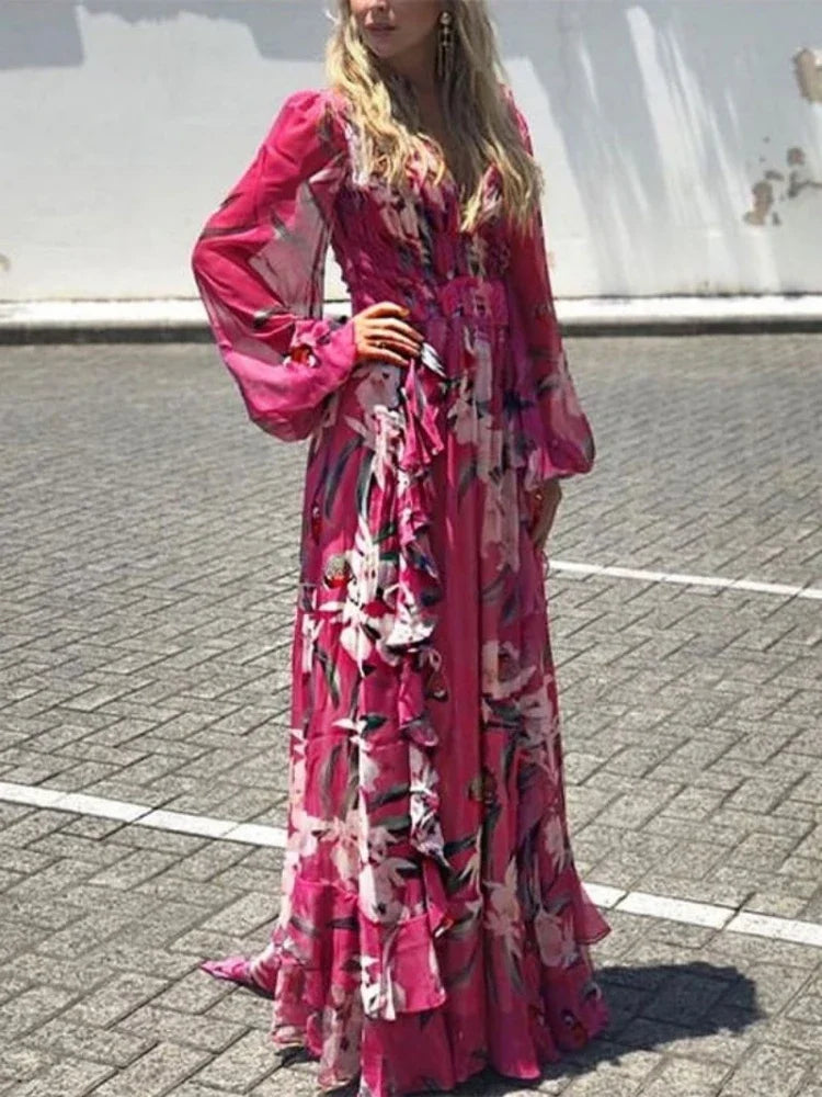 LM | Summer dress with long sleeves, V-neckline and high waist