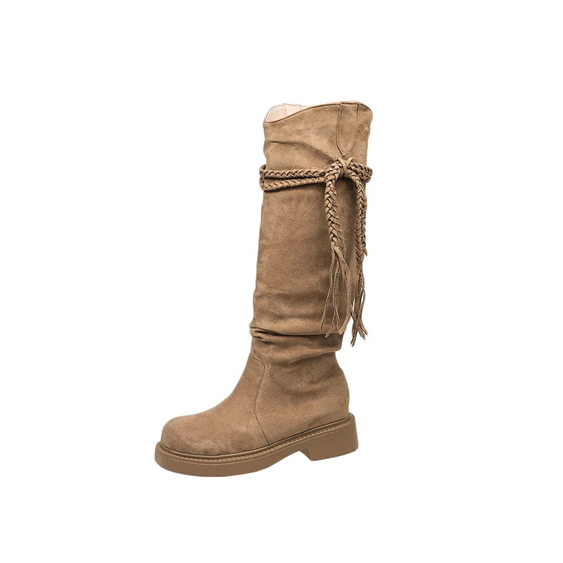 New Retro Fashion Style Fashion Boots Thick Heel Long Tube Slim Look Stacked Middle Boots Platform Long Winter Suede Snow Boots