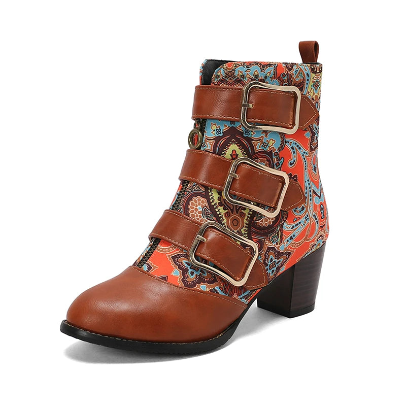 Round Toe Front Zipper Buckle Belt Designer Women Punk Shoes Chunky High Heels Goth Ankle Short Boots Big Size 47 48 Botins