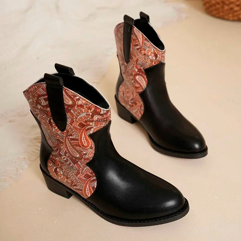 Pointy Toe Chunky Mid-heel Snake-print Low Boots Side Zip Western Cowboy Rider Boots Women's Plus-size Leather Boots