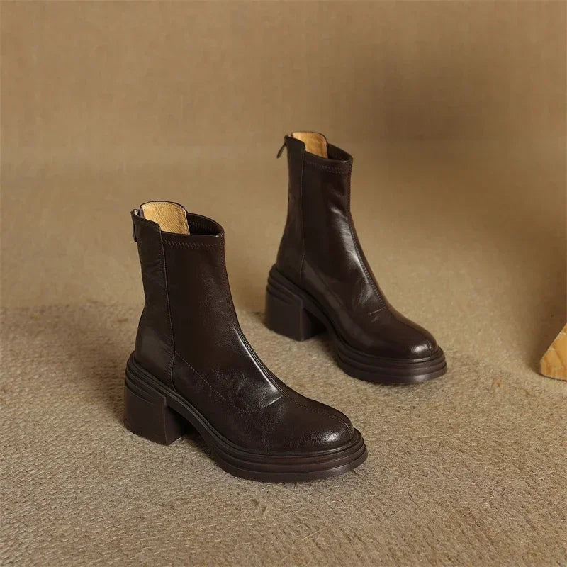 Winter Vintage Women Stretch Ankle Boots Elegant Platform Thick Heel Shoes Concise Short Botas De Mujer