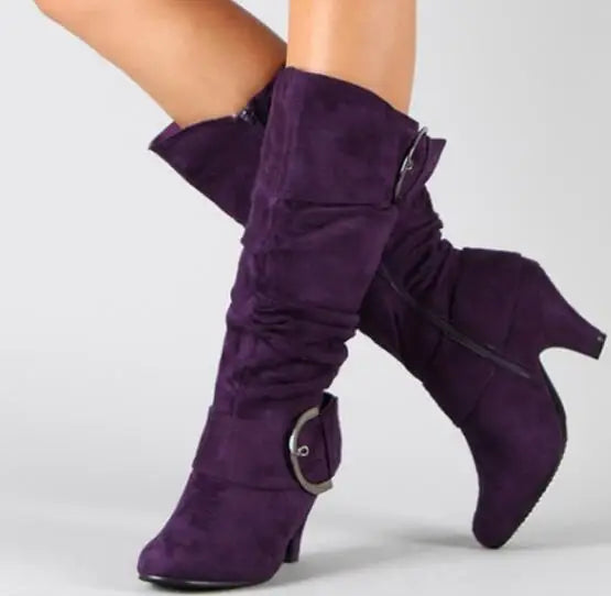 European and American Frosted Velvet High Leg Knight Boots 2023 Spring and Autumn Belt Buckle High Heel Design for Women's Boots