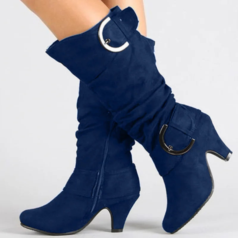 European and American Frosted Velvet High Leg Knight Boots 2023 Spring and Autumn Belt Buckle High Heel Design for Women's Boots