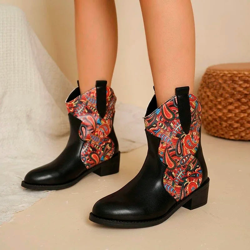 Pointy Toe Chunky Mid-heel Snake-print Low Boots Side Zip Western Cowboy Rider Boots Women's Plus-size Leather Boots