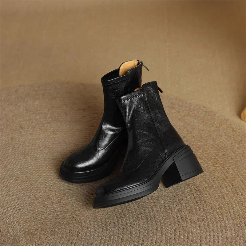 Winter Vintage Women Stretch Ankle Boots Elegant Platform Thick Heel Shoes Concise Short Botas De Mujer