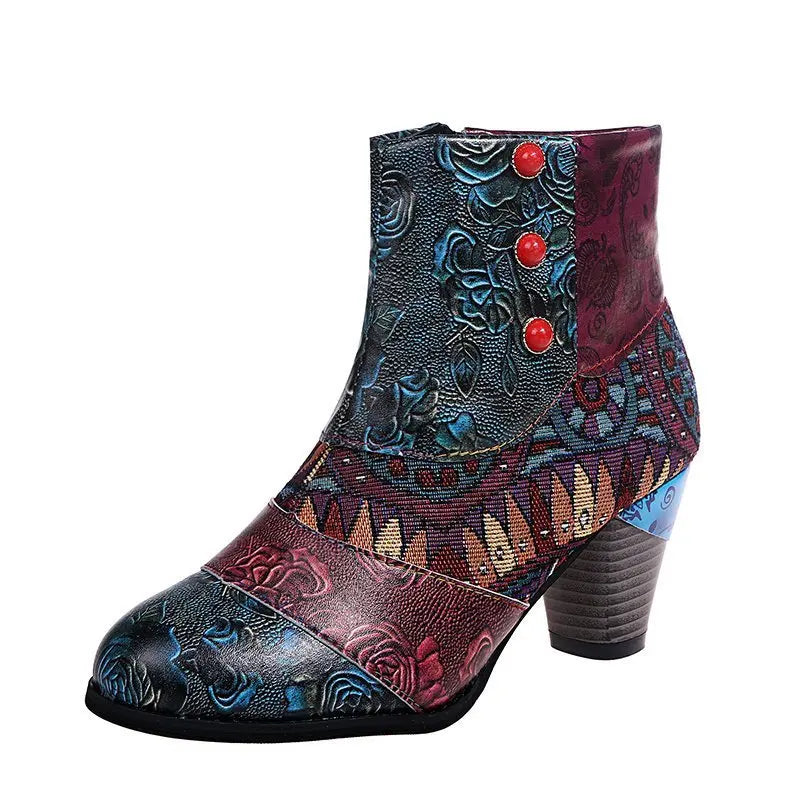 Comemore Retro Women's Autumn Ankle Boots Pattern Pu Leather Gorgeous High Heeled Medium Heel Zipper Women Boot Elegant Shoes 43