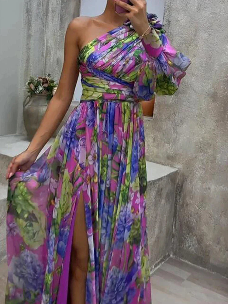 LM | Maxi dress with purple print, slit and single sleeve