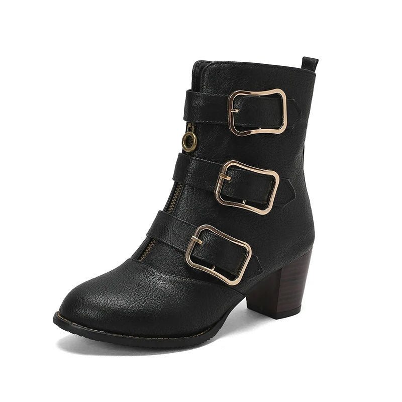 Round Toe Front Zipper Buckle Belt Designer Women Punk Shoes Chunky High Heels Goth Ankle Short Boots Big Size 47 48 Botins
