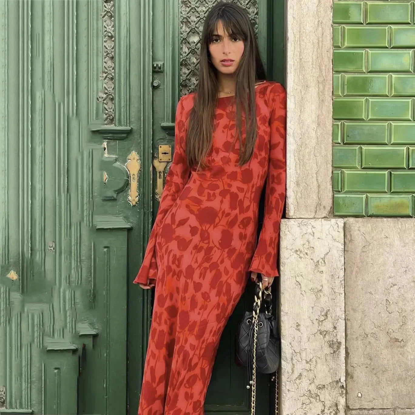 LM | Chic long dress with floral print and long sleeves