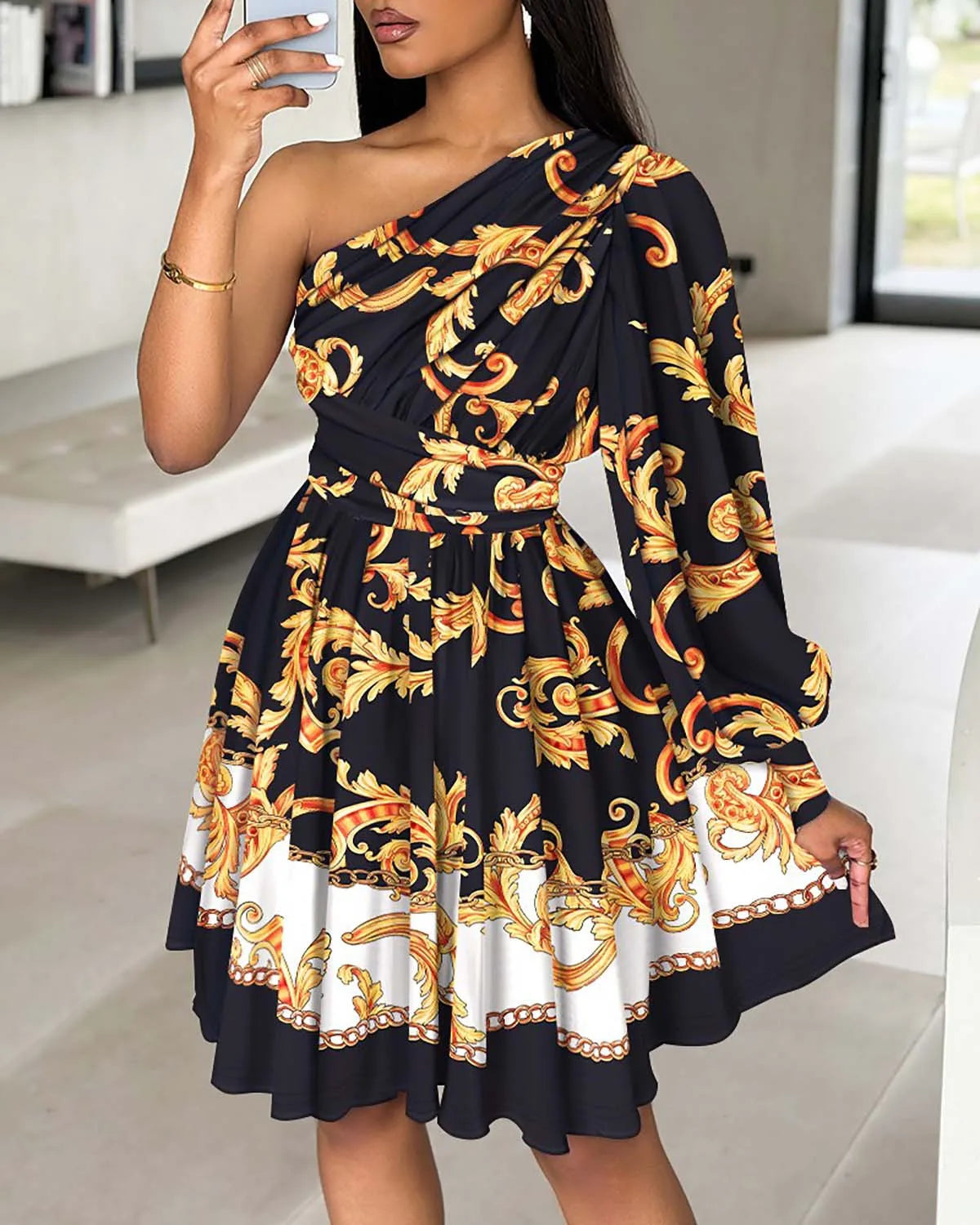 LM | Sexy one shoulder boho printed dress