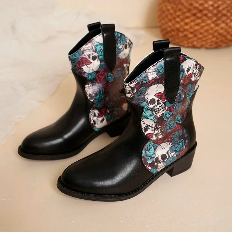 Pointy Toe Chunky Mid-heel Snake-print Low Boots Side Zip Western Cowboy Rider Boots Women's Plus-size Leather Boots