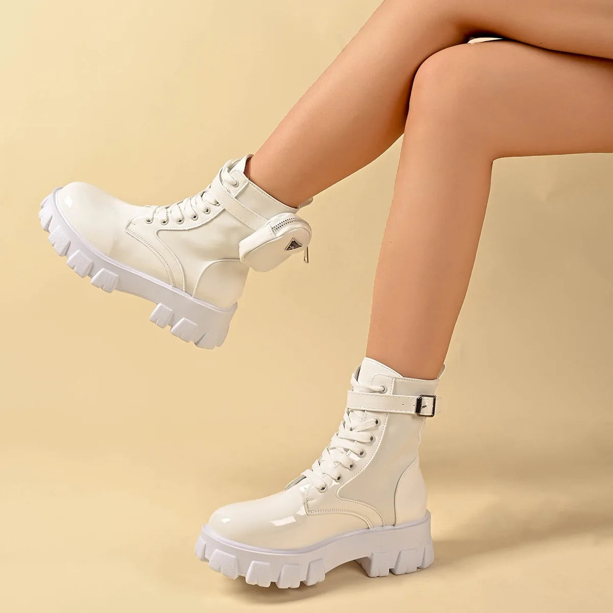 Women Boots New in Motorcycle Ankle Boots Wedges Female Lace Up Platforms White Black Leather Oxford Shoes Women Boots Mujer Bag