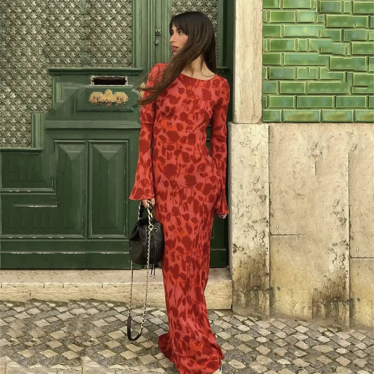 LM | Chic long dress with floral print and long sleeves