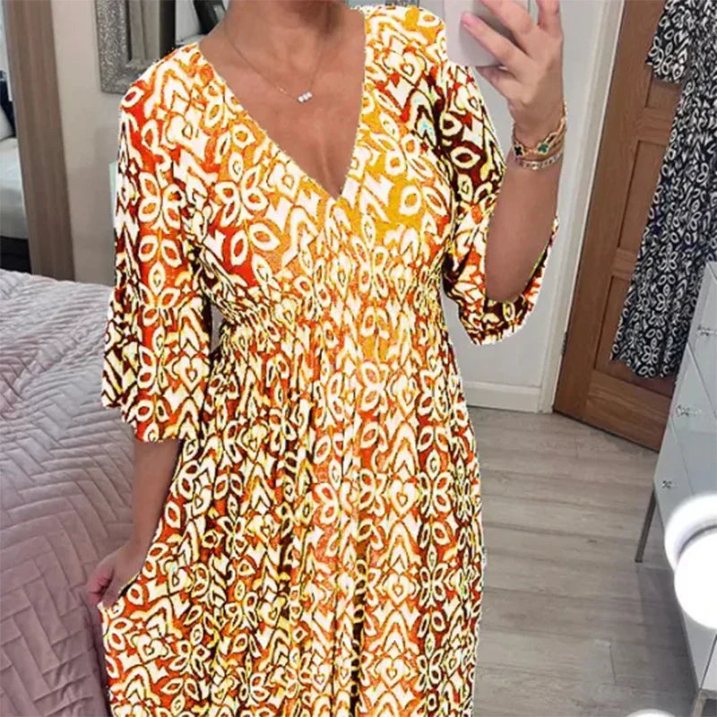 MB | Lässiges Boho-Kleid mit V-Ausschnitt und halblangen Ärmeln