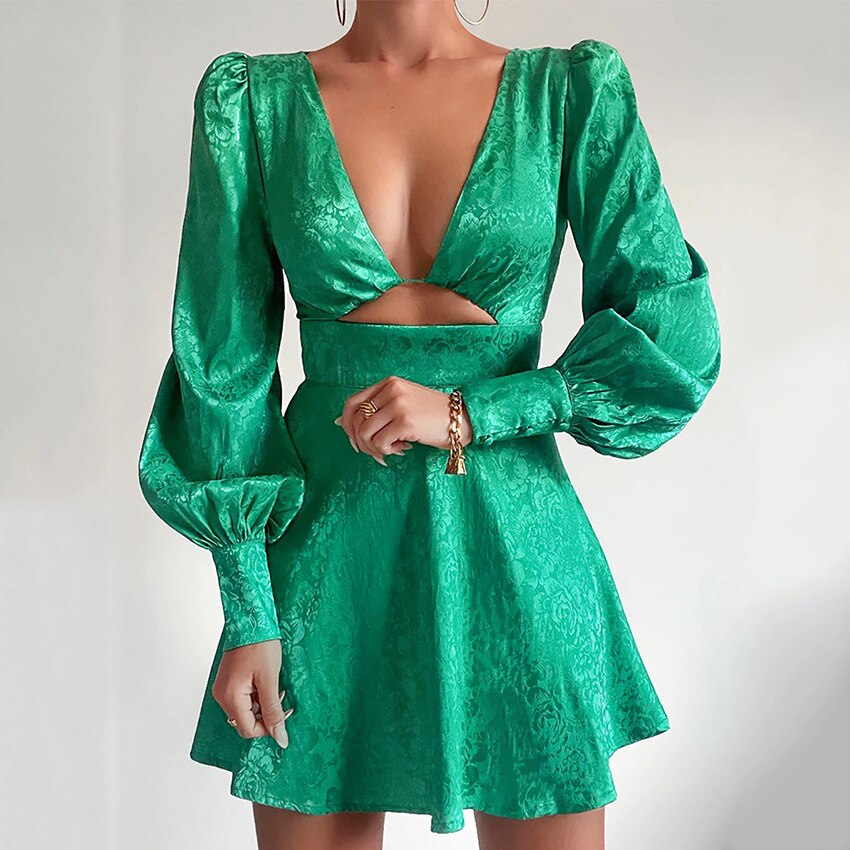 LM | Printed, flared satin dress with puff sleeves