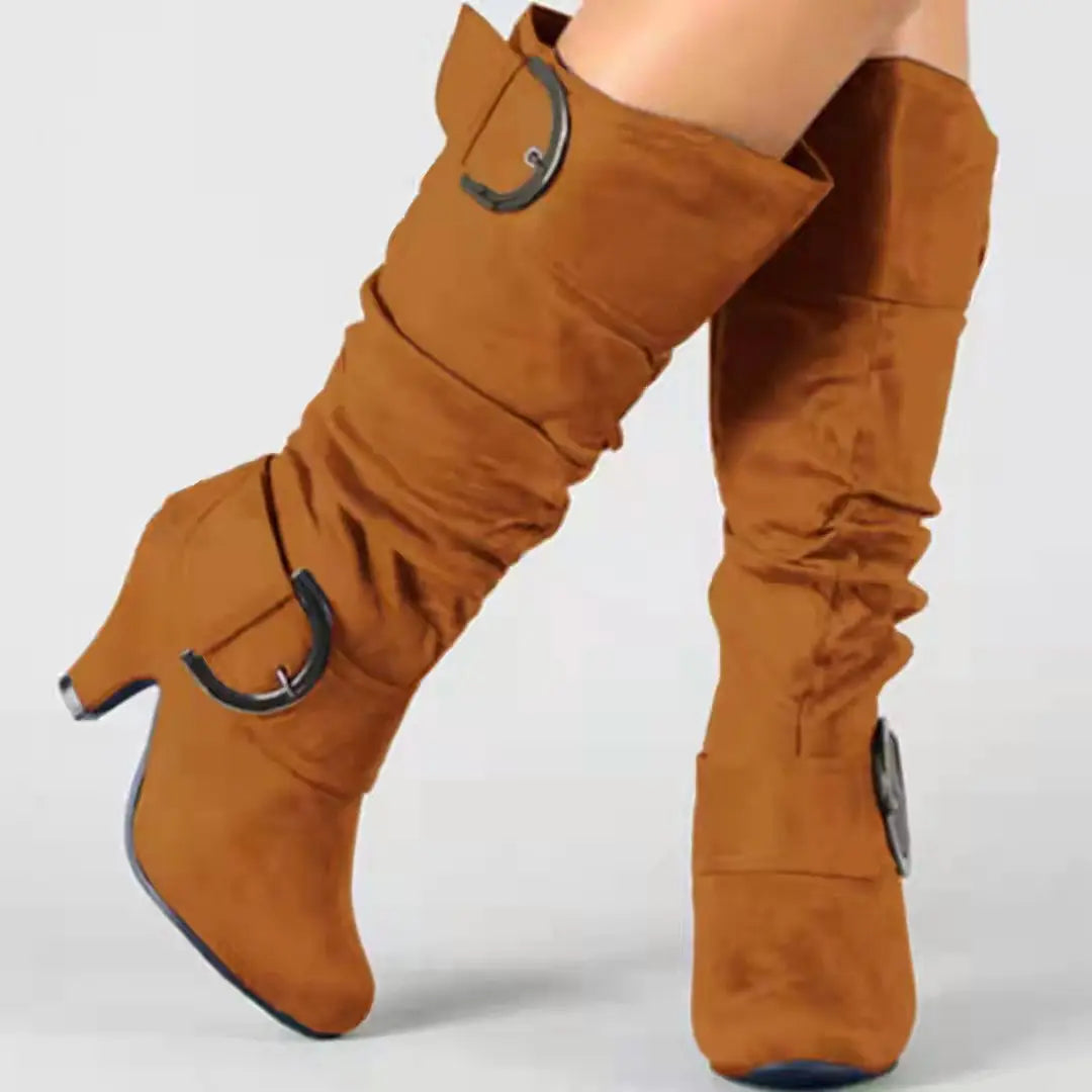 European and American Frosted Velvet High Leg Knight Boots 2023 Spring and Autumn Belt Buckle High Heel Design for Women's Boots