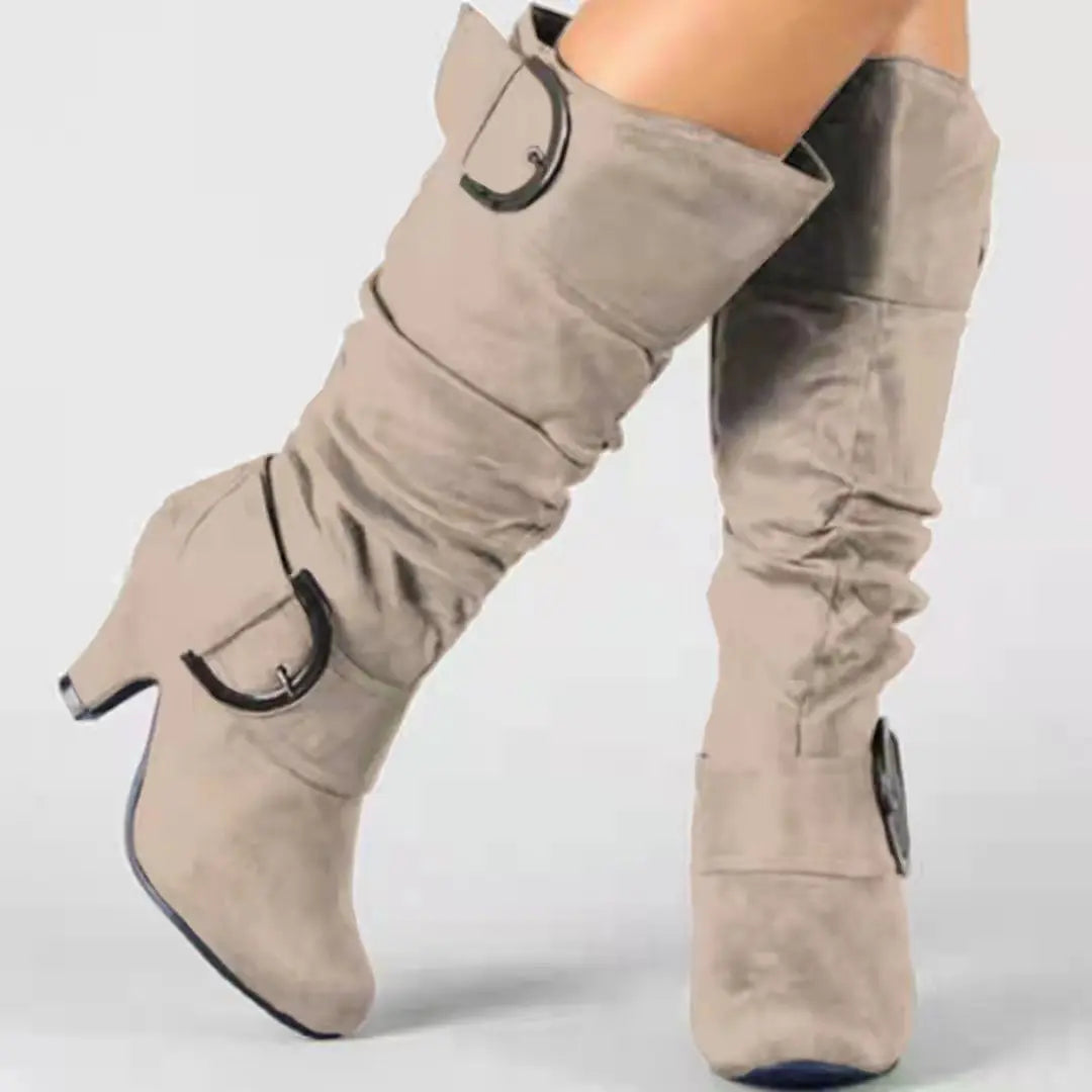 European and American Frosted Velvet High Leg Knight Boots 2023 Spring and Autumn Belt Buckle High Heel Design for Women's Boots