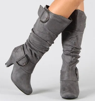 European and American Frosted Velvet High Leg Knight Boots 2023 Spring and Autumn Belt Buckle High Heel Design for Women's Boots