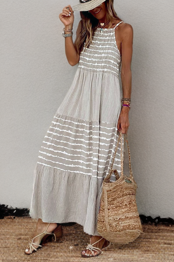 LM | Maxi dress with V-neck and striped neckline
