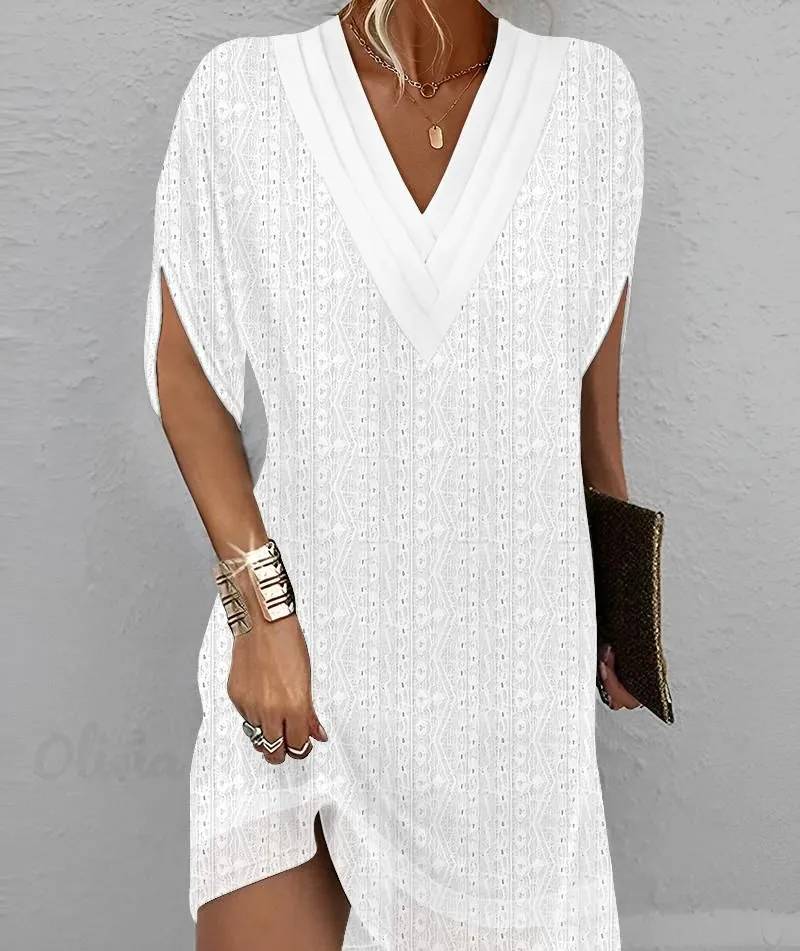 LM | Women's dress with V-neck and embroidered eyelets, mid-length sleeves