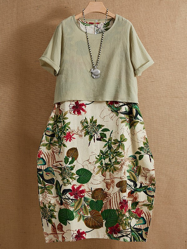 LM | Vintage-style two-piece maxi dress with short sleeves, round neckline and floral print