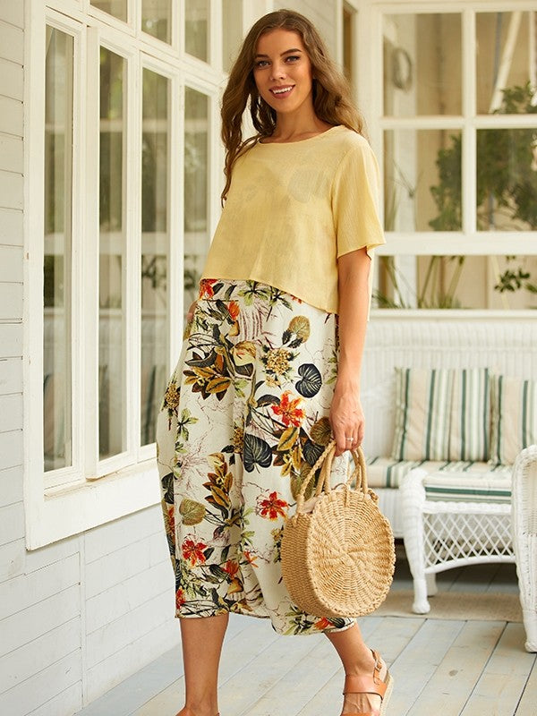 LM | Vintage-style two-piece maxi dress with short sleeves, round neckline and floral print