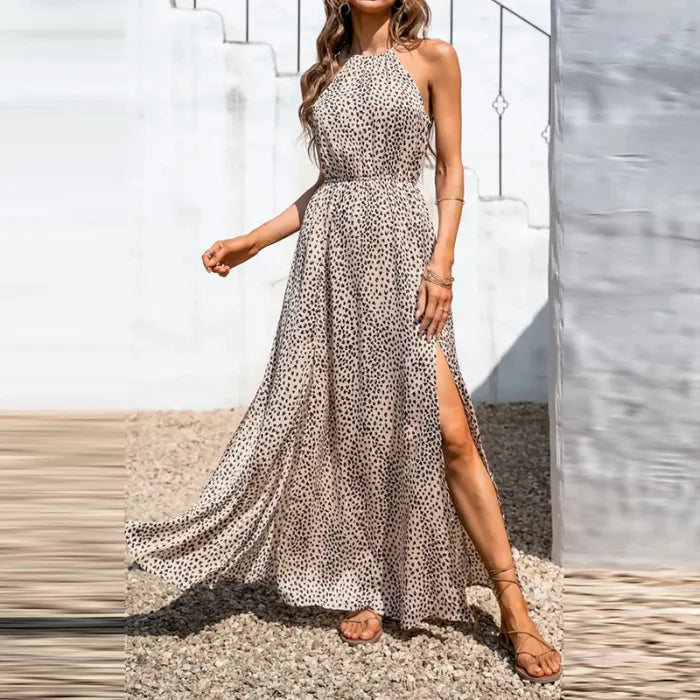 LM | Summer dress with leopard print with halter collar and sleeveless, narrow waist and slit, for women