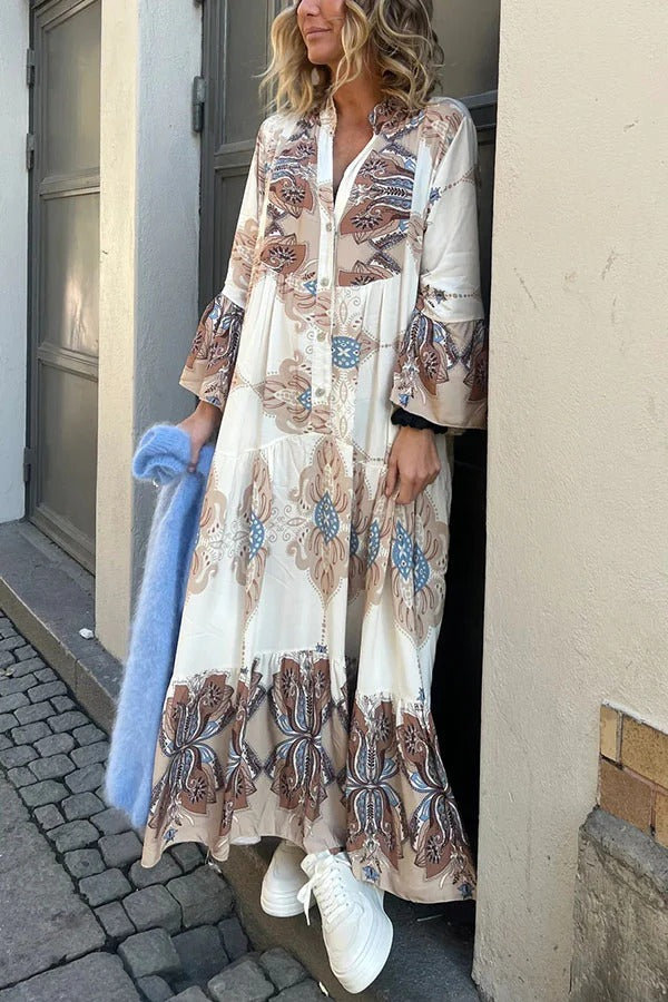 LM | Gracie Paisley Print Button Up Bell Sleeve A-line Maxi Dress