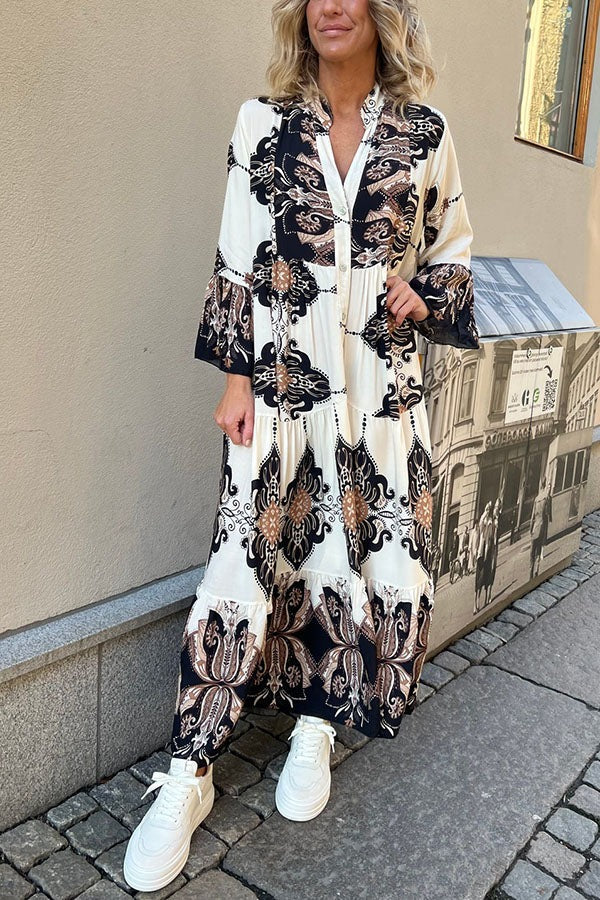 LM | Gracie Paisley Print Button Up Bell Sleeve A-line Maxi Dress