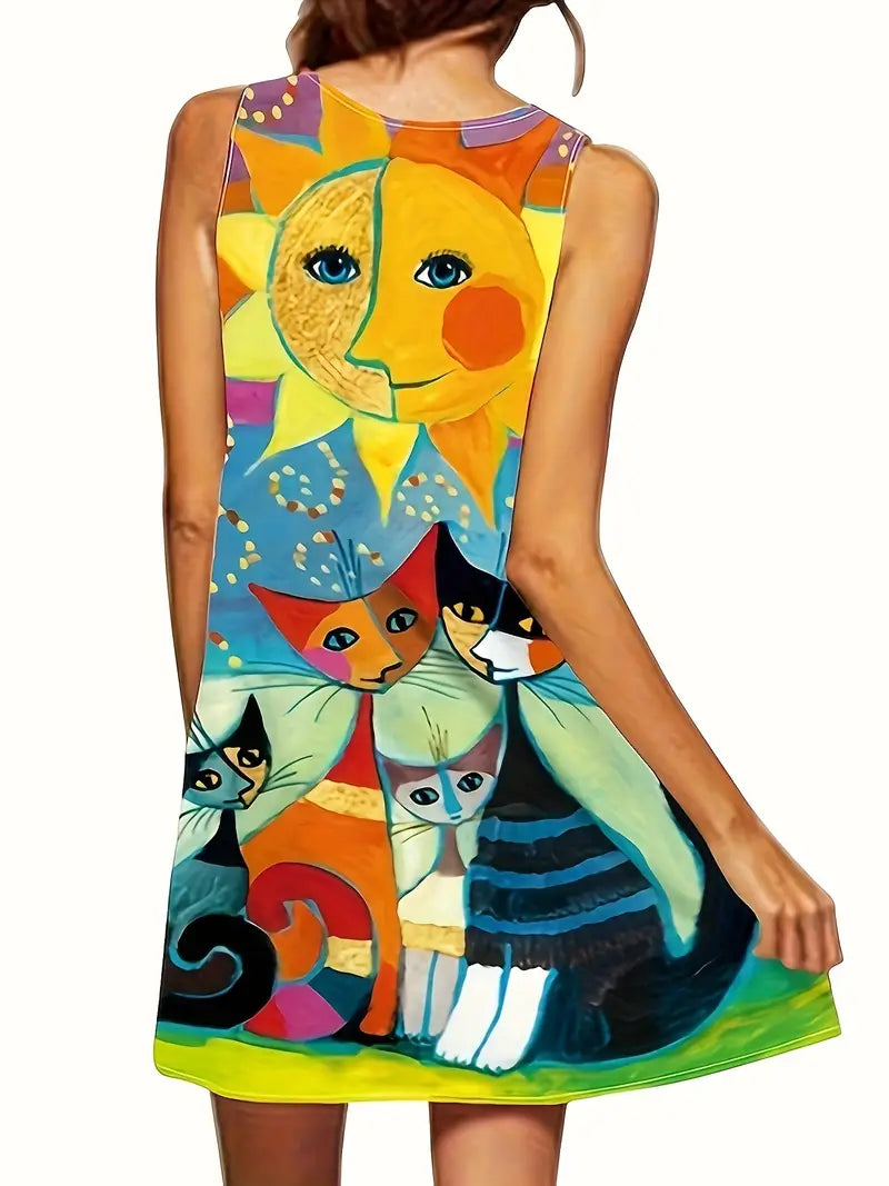 LM | Colorful cat art V-neck sleeveless midi dress for women