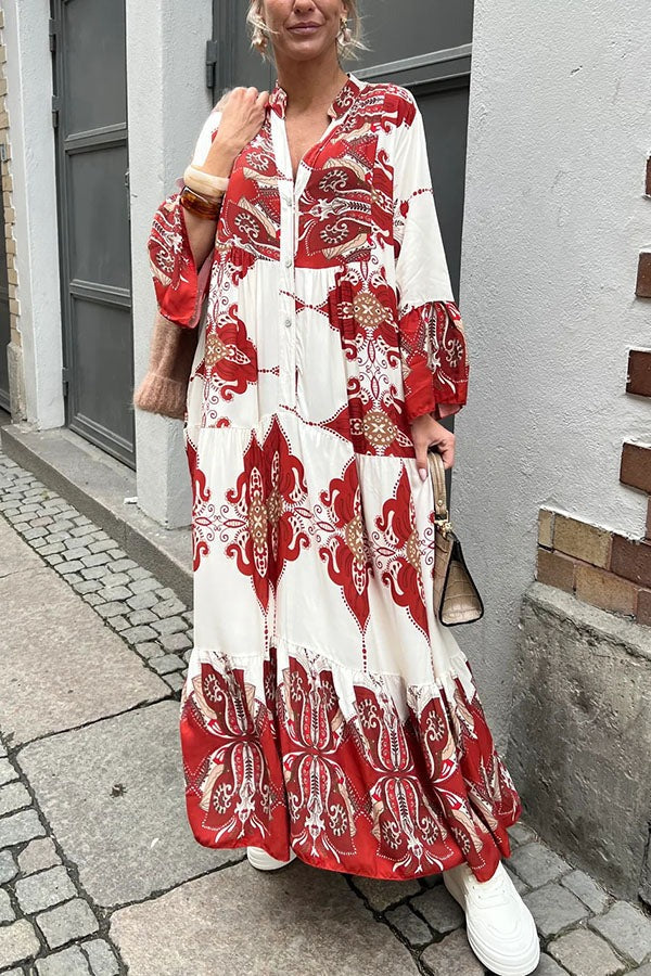 LM | Gracie Paisley Print Button Up Bell Sleeve A-line Maxi Dress