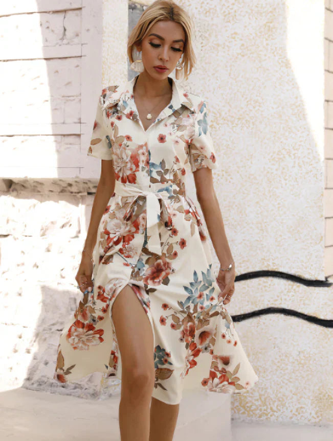 LM | Waist-hugging dress with floral print