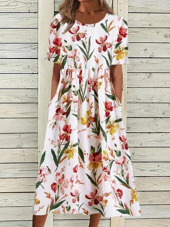 MB | Bedrucktes Midikleid mit Rundhalsausschnitt und Taschen