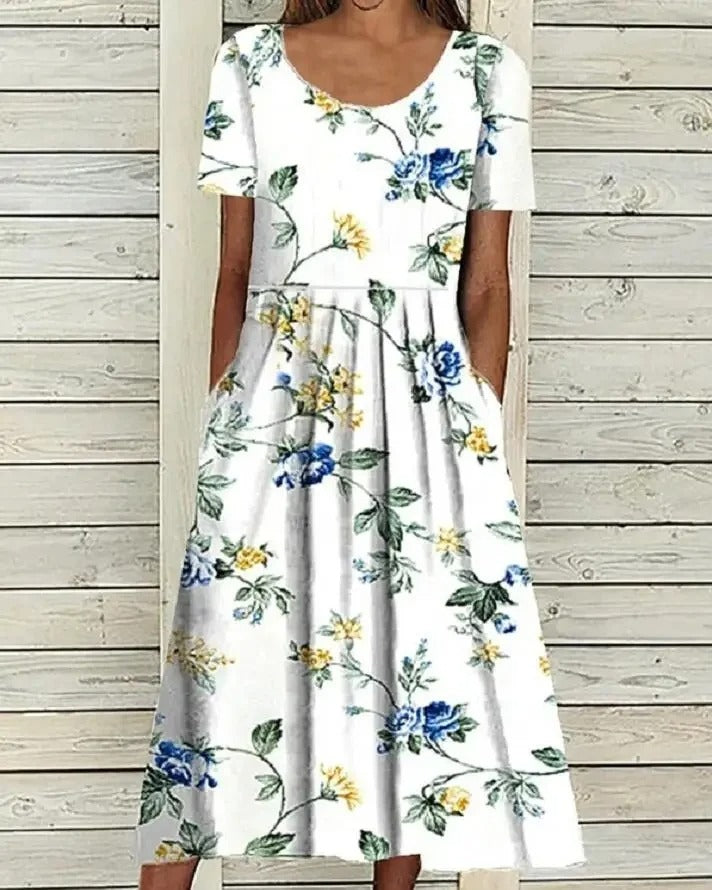 MB | Bedrucktes Midikleid mit Rundhalsausschnitt und Taschen