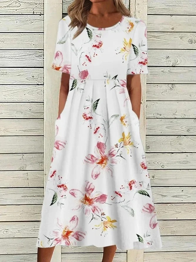 MB | Bedrucktes Midikleid mit Rundhalsausschnitt und Taschen