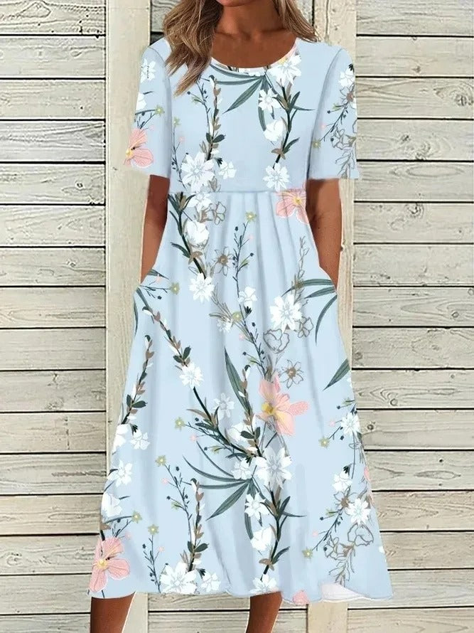 MB | Bedrucktes Midikleid mit Rundhalsausschnitt und Taschen