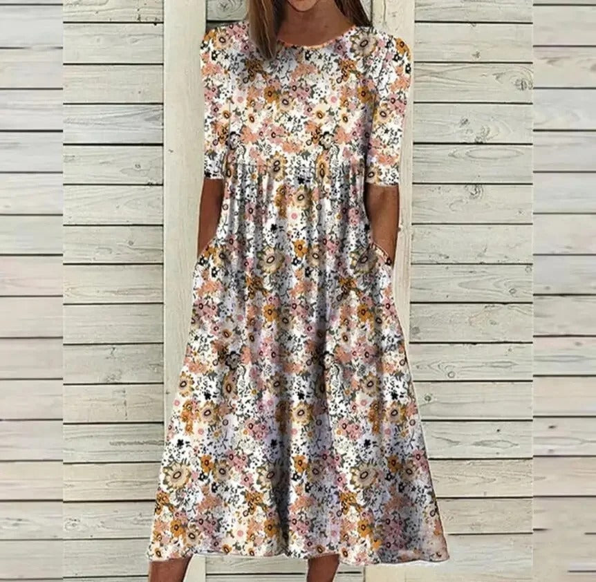 MB | Bedrucktes Midikleid mit Rundhalsausschnitt und Taschen