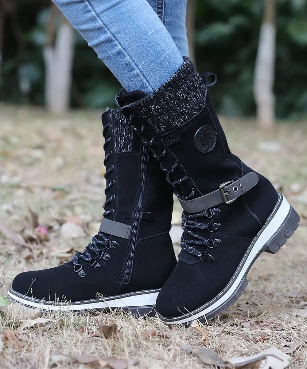 LM | Winter boots with buckles, lace and knitted pattern in the middle of the calf
