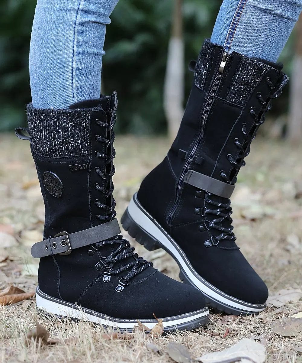 LM | Winter boots with buckles, lace and knitted pattern in the middle of the calf