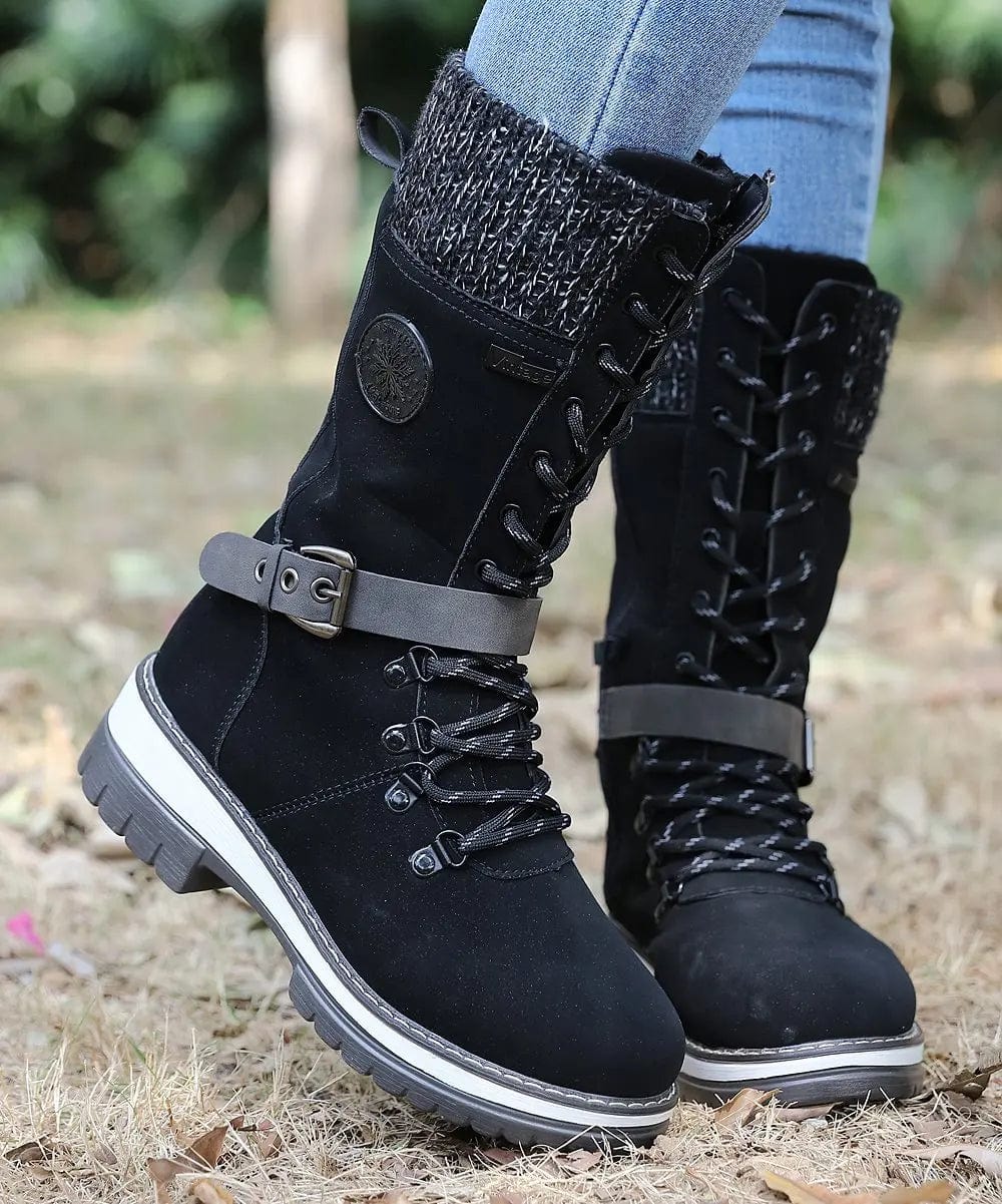 LM | Winter boots with buckles, lace and knitted pattern in the middle of the calf