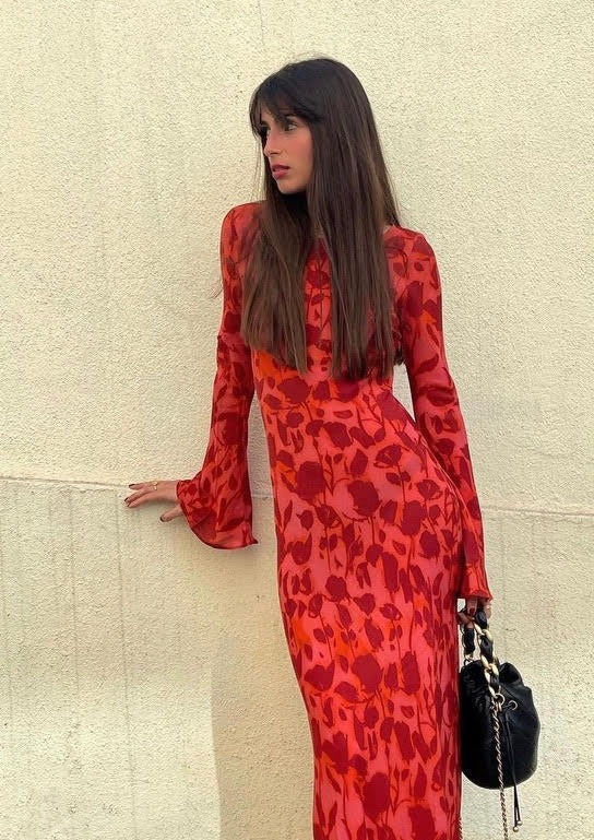 LM | Chic long dress with floral print and long sleeves